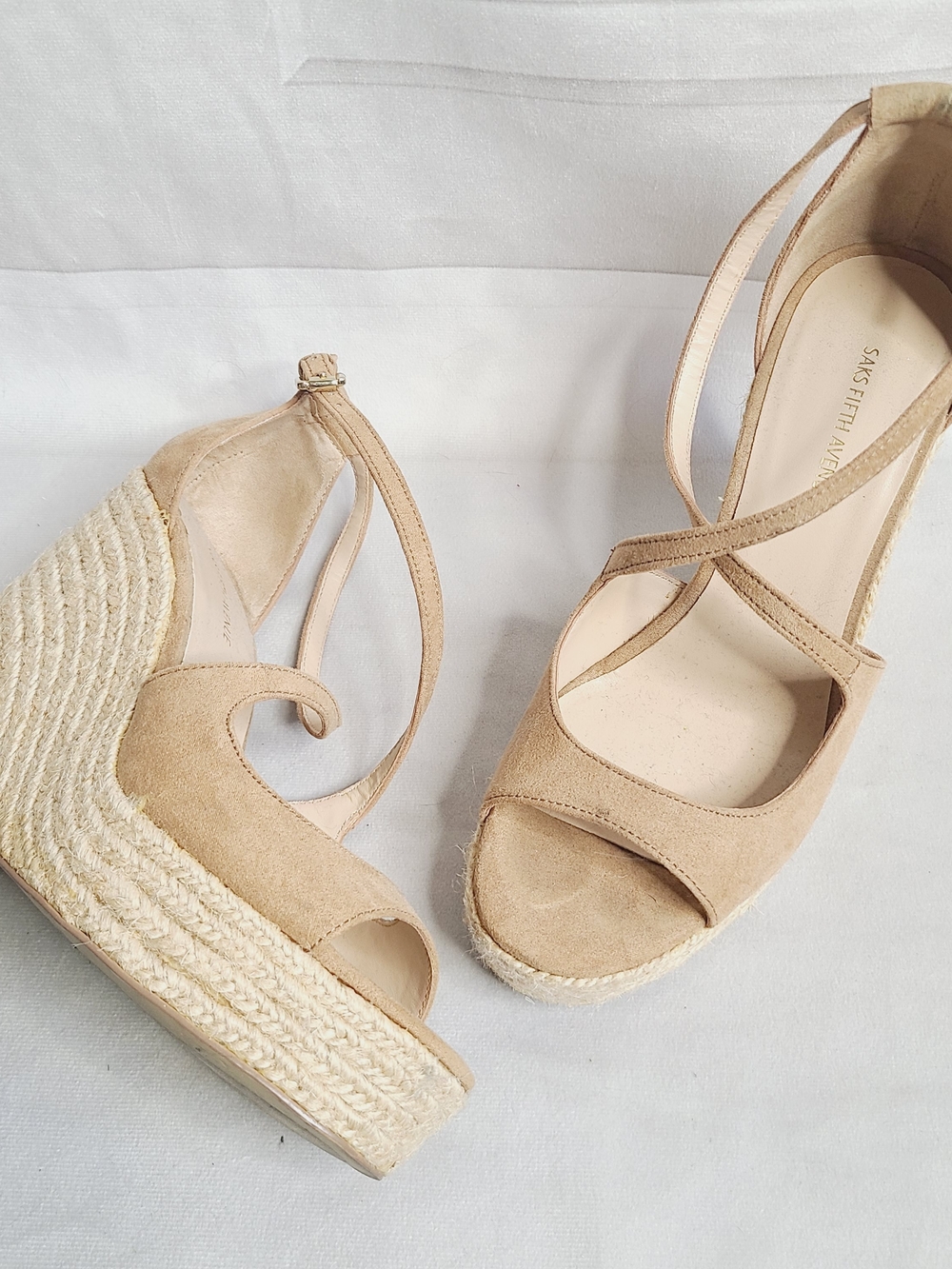 Saks Fifth Avenue Nude Suede Espadrille Wedge Sandals